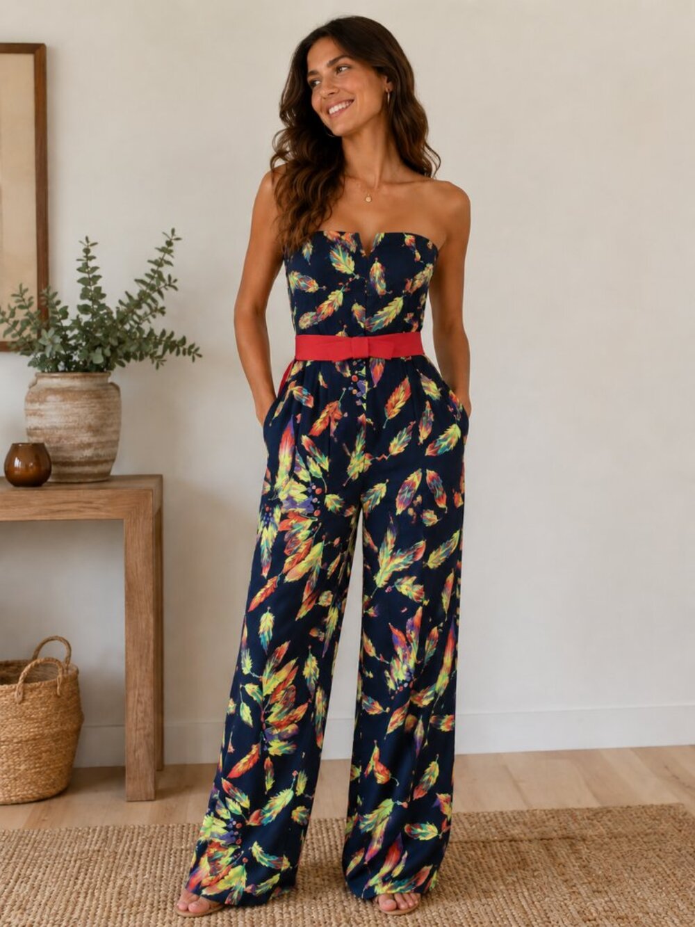 Mustard Strapless Wide Leg Jumpsuit Boho Resort Vacation Small